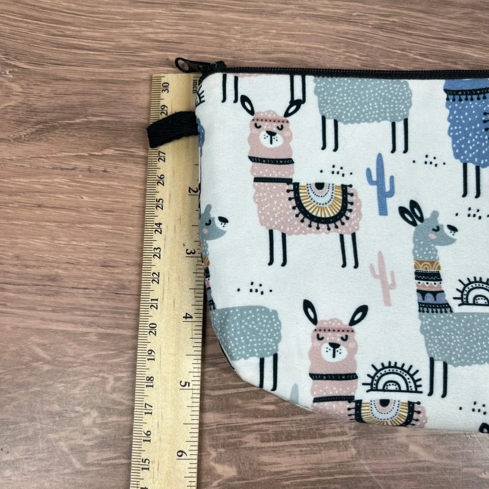 Llama Cactus Print Cosmetic Bag ‎ Medium White Pink Blue Pouch